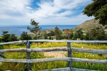 Fototapeta na wymiar Old wooden fence with a field of flowers and the sea at the background, Crete, Greece.