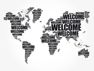 Fototapeta na wymiar WELCOME World Map in Typography word cloud, business conceptual background