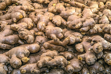 Fresh ginger roots display in the fresh vegetable market