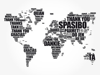 Obraz na płótnie Canvas Thank You in many languages World Map in Typography word cloud, multilingual for education or thanksgiving day