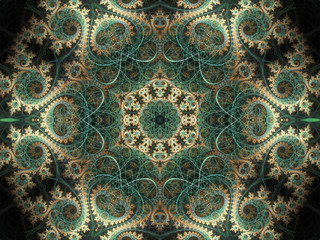 Green and gold fractal spirals, digital artwork for creative gra