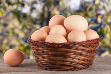 eggs on a wooden table in a wicker basket with blurred garden background
