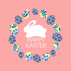 Colorful Happy Easter illustration with rabbit, eggs and text