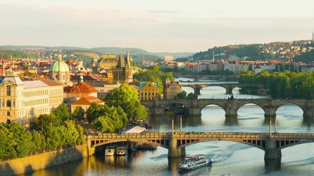 Zoom in timelapse of evening Prague in summer