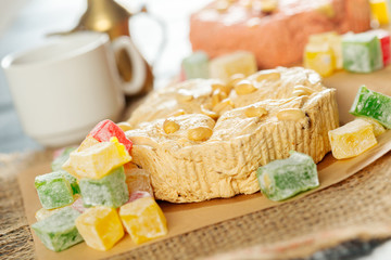 traditional eastern desserts on wooden background