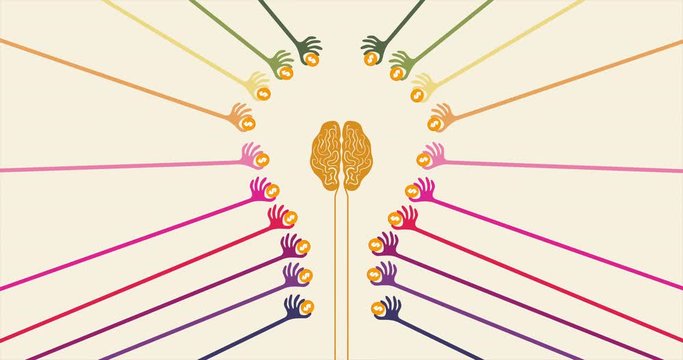 Crowdfunding and financial concept with colorful hands holding money to give their support around the brain in shape of light bulb idea.