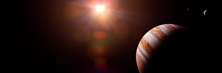 planet Jupiter with moons in front of the Sun (3d illustration, background banner, elements of this image are furnished by NASA) © dottedyeti