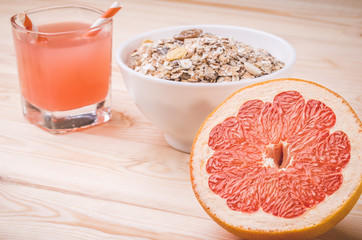 background of healthy food with muesli and juice/healthy breakfast with muesli and juice