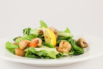 Sea salad with scallops, prawns, squid, cuttlefish, in duet with lettuce and cucumber, seasoned with olive oil and Provence herbs