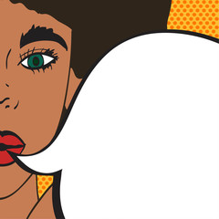 pop art female face. Sexy surprised young african woman with open mouth and afro hairstyle and ! speech bubble. art retro comic style.
