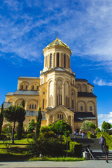 Holy Trinity Cathedral Tsminda Sameba in Tbilisi, Georgia. Georgian Orthodox Church. Welcome To Georgia. Tourist attraction. Religious background. Travel concept. Caucasus region. Vertical