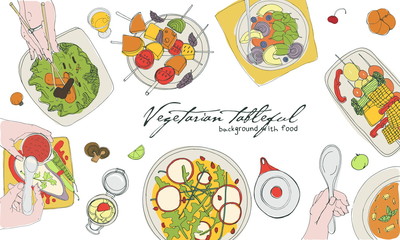 Festive vegetarian tableful, laid table, holidays hand drawn colorful illustration, top view. Background with place for text.