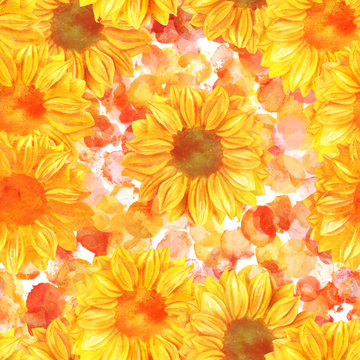 Seamless pattern with hand drawn watercolor sunflowers, golden t
