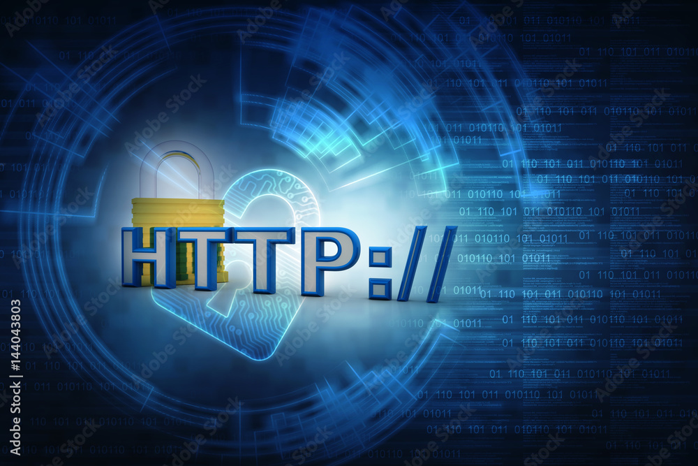 Poster 3d illustration network community concept . lock with http sign