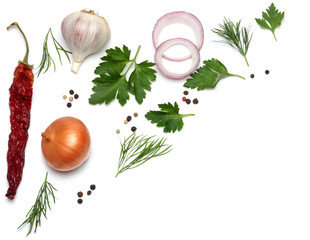 red onion, garlic and spices isolated on white background, top view
