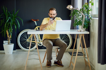 Businessman in early thirties using a mobile phone and sitting in home office