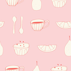 Doodle breakfast seamless pattern. Hand drawn vector kitchen background  made of coffee, cereals and fruits 