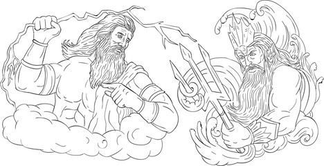 Fototapeta na wymiar Zeus Vs Poseidon Black and White Drawing