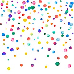 Sparse watercolor confetti on white background. Rainbow colored watercolor confetti top gradient. Colorful hand painted illustration.