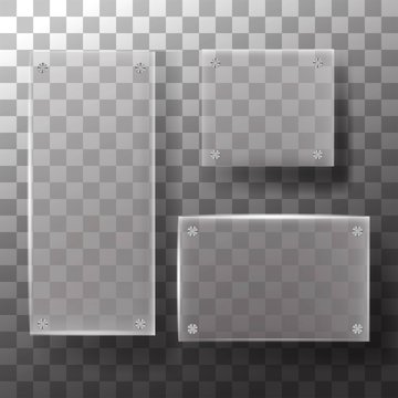 Set of glass square, rectangular and round buttons on checkered background icons. Vector illustration