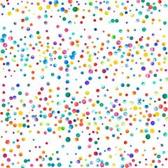 Dense watercolor confetti on white background. Rainbow colored watercolor confetti scatter horizontal lines. Colorful hand painted illustration.