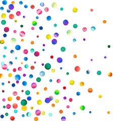 Sparse watercolor confetti on white background. Rainbow colored watercolor confetti left gradient. Colorful hand painted illustration.