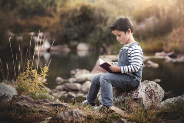 niño sentado leyendo un libro en el campo