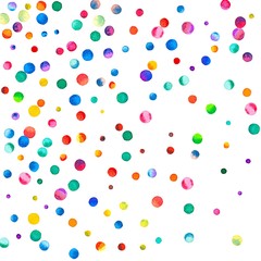 Sparse watercolor confetti on white background. Rainbow colored watercolor confetti abstract scatter. Colorful hand painted illustration.