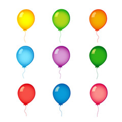 Сolorful helium balloons on white. Colored realistic helium vector balloons isolated on white background.