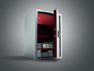 Bank safe with money stacks of dollar bills 3d render on grey