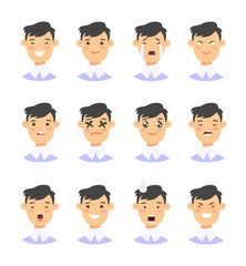 Set of male emoji characters. Cartoon style emotion icons. Isolated boys avatars with different facial expressions. Flat illustration mens emotional faces. Hand drawn vector