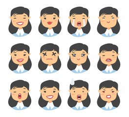 Set of asian emoji character. Cartoon style emotion icons. Isolated girl avatars with different facial expressions. Flat illustration womens emotional faces. Hand drawn vector drawing emoticon