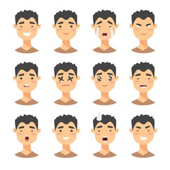 Set of male emoji characters. Cartoon style emotion icons. Isolated boys avatars with different facial expressions. Flat illustration mens emotional faces. Hand drawn vector