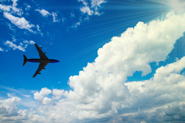 The plane flies in the sky against the background of clouds