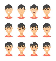 Set of male emoji characters. Cartoon style emotion icons. Isolated boys avatars with different facial expressions. Flat illustration mens emotional faces. Hand drawn vector