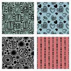Set of seamless vector pattern. Colorful hand drawn endless background with ornamental decorative elements with ethnic, traditional, tribal motifes. Series of Hand Drawn Ornamental Seamless Patterns