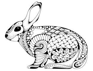 Zen tangle stylized rabbit. Hand Drawn vintage doodle vector illustration for Easter. Sketch for tattoo, animal collection. For adult anti stress coloring book pages.