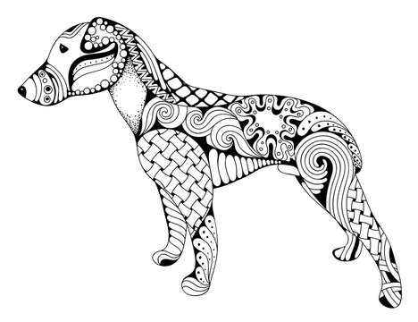 recommend clip art: Zentangle stylized cartoon dog, isolated on white background. Hand drawn sketch for adult antistress coloring page, T-shirt emblem, logo or tattoo with doodle, zentangle design elements.