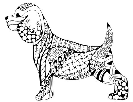 recommend clip art: Zentangle stylized Cocker Spaniel dog, isolated on white background. Hand drawn sketch for adult antistress coloring page, T-shirt emblem, logo or tattoo with doodle, zentangle design elements.
