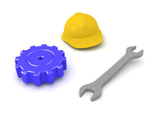 3D illustration of wrench, hard hat and mechanical gear