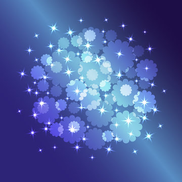 Vector blue background with glowing stars and flowers