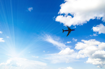 The plane flies in the sky against the background of clouds