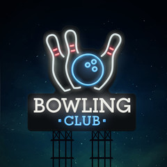 Bowling road sing. City sign neon. Logo, emblem. Bowling neon sign, bright signboard, light banner. 