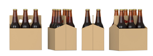 Four views of a six pack of brown beer bottles in cardboard box. 3D render, isolated on white background