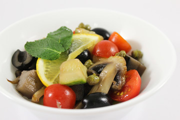 Hot smoked kaponat vegetables