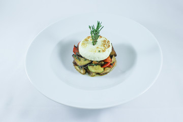 Hot smoked kaponat vegetables with baked cheese