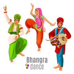 Bhangra dance concept men and woman in national cloth dancing