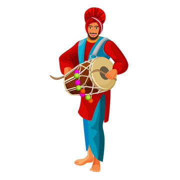 Punjabi bhangra drummer in national cloth vector illustration