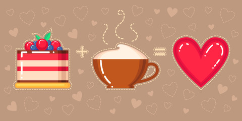 vector illustration of cake, cappuccino cup and red heart on brown background