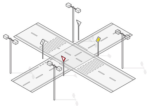 Road, street traffic, info graphic, junction crossway, white background. Outlined illustration of crossroads main, side road. Pictogram of city situation set for driving school. Isolated master vector